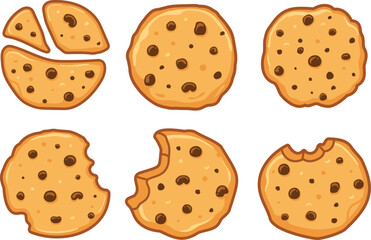 Cute Hand Drawn Chocolate Chip Cookies Vector Illustration Set