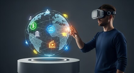 Immersive Global Connection Man Experiencing Virtual Reality Interface Touching Holographic Earth