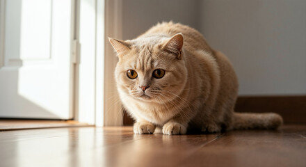 Chubby British Shorthair cat, cream fur, looking down, low angle, harsh fluorescent light, gold and orange glow
