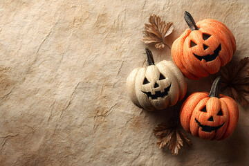 Halloween themed flat lay composition with decorative jack-o-lantern pumpkins, on paper textured background with a lot of space for text. Close up, top view.