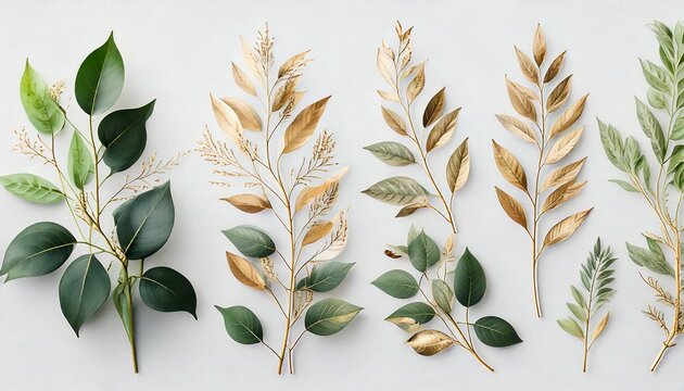 Set of herbal branch. green and gld leaves. Wedding concept. Vector arrangements for greetin.jpg