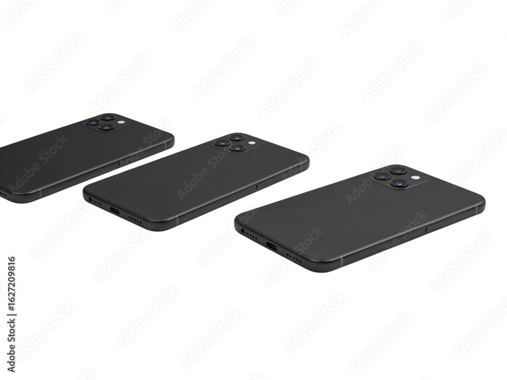 Poster three modern dark gray smartphone cases arranged in a diagonal line isolated on transparent backgrou