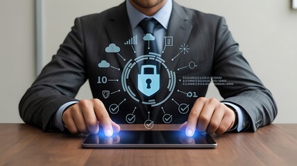 Man in suit interacting with digital security interface