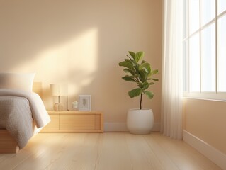 A bright bedroom with a bed side table and a plant near the window with natural light shining in