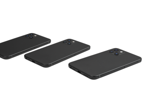 Three modern dark gray smartphone cases arranged in a diagonal line isolated on transparent background