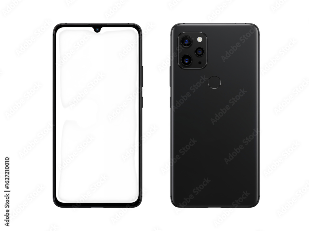 Poster modern black smartphone front and back views showing camera module and screen isolated on transparen