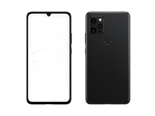 Modern black smartphone front and back views showing camera module and screen isolated on transparent background
