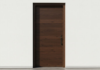 Modern dark wood interior door, minimalist design, flush panel, simple handle, against white wall.