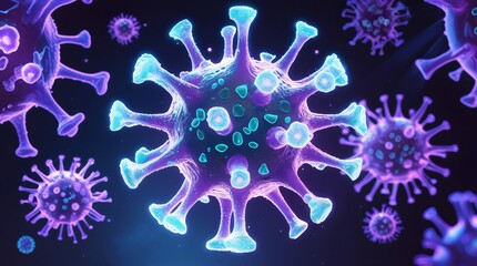 Microscopic illustration of glowing virus particles in vibrant purple and blue colours. Scientific visualization for biology, microbiology, medicine, health care, and treatment.