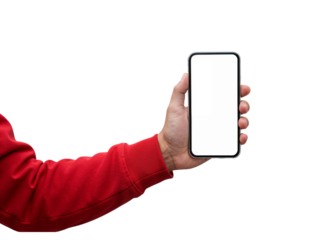 A human hand wearing a red sleeve holds a modern smartphone with a blank screen isolated on transparent background