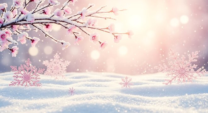 Delicate pink cherry blossoms adorned with snow under soft winter sunlight