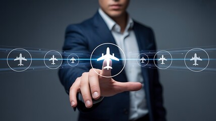 Man touching airplane icons on digital interface finger