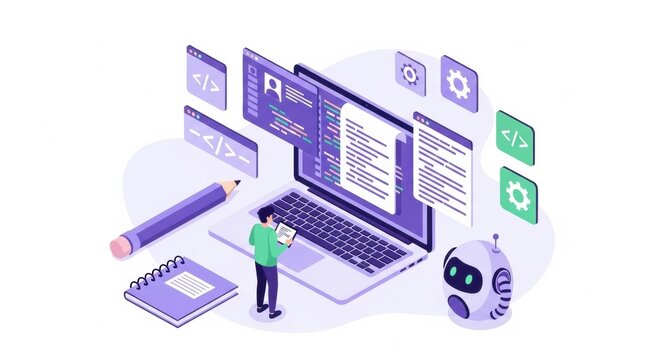 Isometric illustration showcasing software development workflow with human interaction and - Powered by Adobe