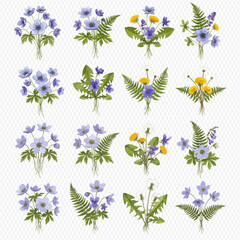 A collection of sixteen small spring wildflower bouquets with purple anemones and yellow dandelions.