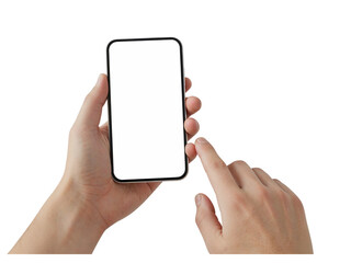 Close up of a person s hands holding and interacting with a modern smartphone isolated on transparent background