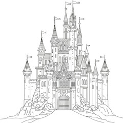 Fototapeta premium Castle coloring page printable for kids and adults fantasy drawing art