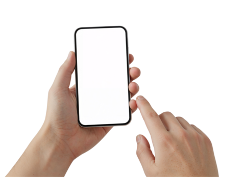 Close up of a person s hands holding and interacting with a modern smartphone isolated on transparent background