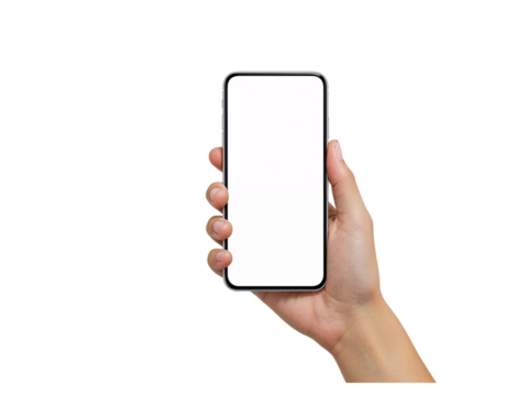 Close up of a human hand holding a modern smartphone with a blank gray screen isolated on transparent background