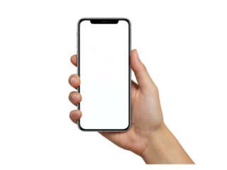 Close up of a human hand holding a modern smartphone with a blank gray screen isolated on transparent background