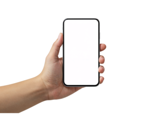 Close up of a human hand holding a modern smartphone with a blank gray screen isolated on transparent background