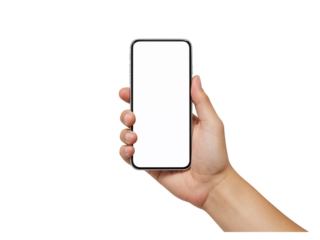 Human hand holding a modern smartphone with a blank grey screen for copyspace isolated on transparent background