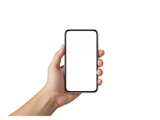 Human hand holding a modern smartphone with a blank screen isolated on transparent background