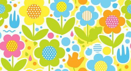seamless pattern with a playful and cheerful design of colorful flowers and abstract shapes in colorful shades on a white background. Perfect for textile and kids paper products