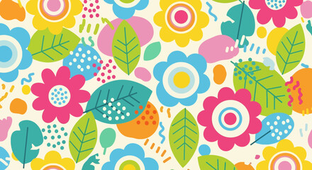 seamless pattern with a playful and cheerful design of colorful flowers and abstract shapes in colorful shades on a white background. Perfect for textile and kids paper products