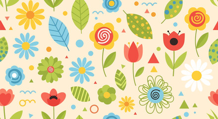 seamless pattern with a playful and cheerful design of colorful flowers and abstract shapes in colorful shades on a white background. Perfect for textile and kids paper products