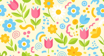 seamless pattern with a playful and cheerful design of colorful flowers and abstract shapes in colorful shades on a white background. Perfect for textile and kids paper products