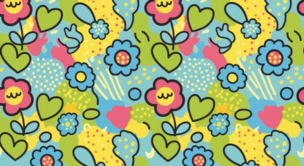 seamless pattern with a playful and cheerful design of colorful flowers and abstract shapes in colorful shades on a white background. Perfect for textile and kids paper products