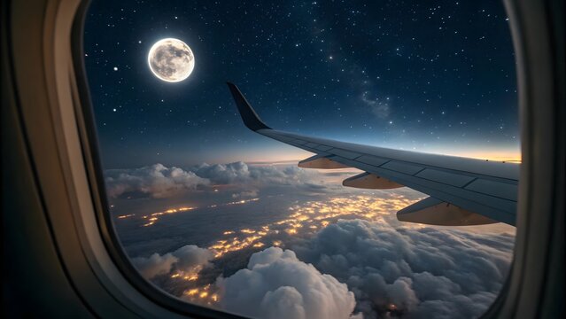 Airplane Wing View, Moonlit Sky, Scenic Travel Experience