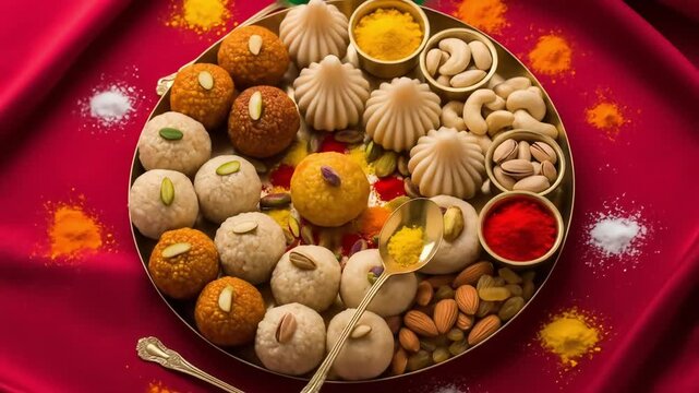 Happy ganesh chaturthi festive sweets arrangement on golden plate with delicious modak laddus colorful powder and nuts for auspicious religious celebrations