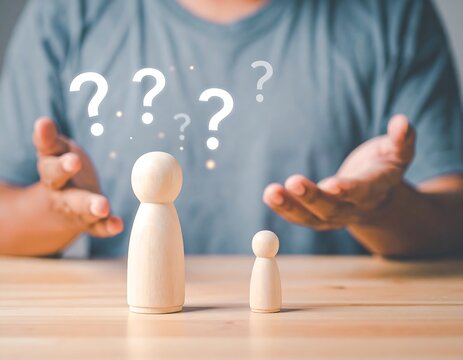 Wooden figures with question marks, representing a generational issue