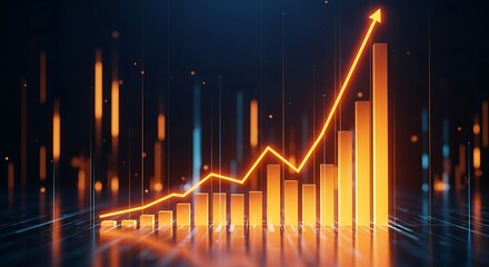 Glowing orange line graph shows upward trend over futuristic glowing bar chart with reflections