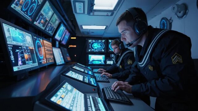 In a high-tech submarine command center, a navy crew monitors glowing tactical screens. Cool lighting and tense focus create a cinematic military atmosphere.

