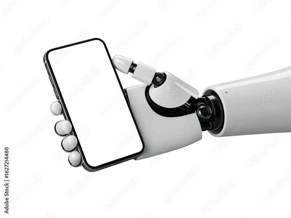 Poster advanced robotic hand holding a modern smartphone with a blank screen isolated on transparent backgr