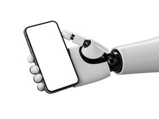 Advanced robotic hand holding a modern smartphone with a blank screen isolated on transparent background