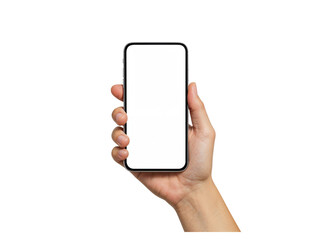 Close up of a human hand holding a modern smartphone with a blank gray screen isolated on transparent background