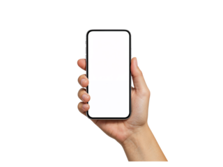 Close up of a human hand holding a modern smartphone with a blank gray screen isolated on transparent background