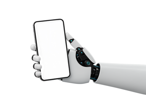 Robotic hand holding a modern smartphone with a blank screen isolated on transparent background