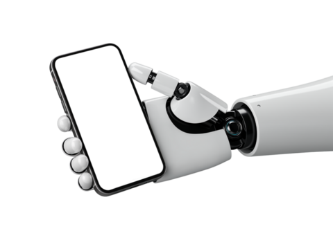 Advanced robotic hand holding a modern smartphone with a blank screen isolated on transparent background