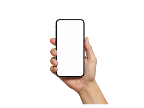 Close up of a human hand holding a modern smartphone with a blank gray screen isolated on transparent background