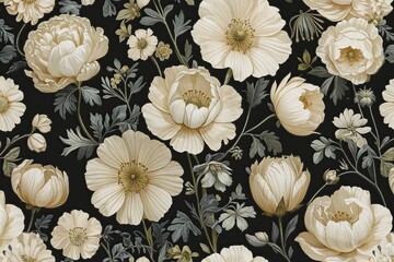 Timeless Buttercup: A Vintage Floral Elegance in Soft Cream and Charcoal