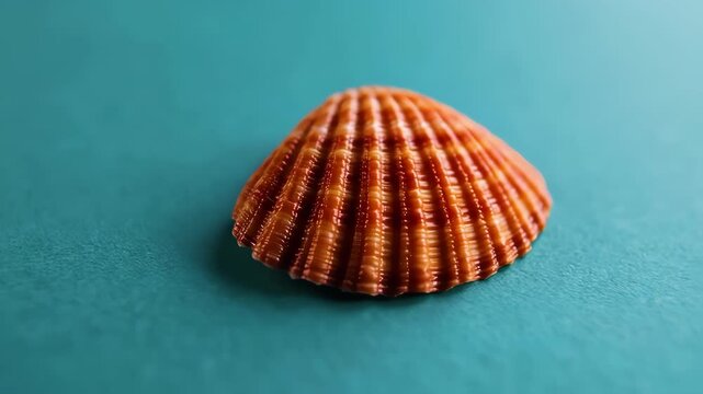 Close-up of a ribbed, orange-brown seashell on a teal surface