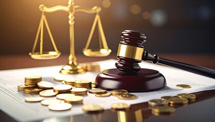 Gavel on Legal Document with Scales Coins Justice Law Finance Concept
