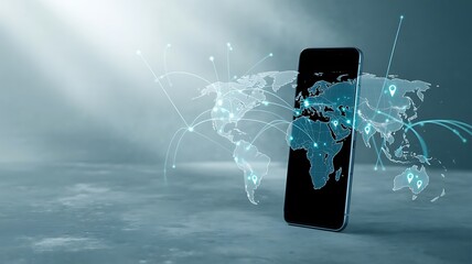 Smartphone displaying global network connections on world map