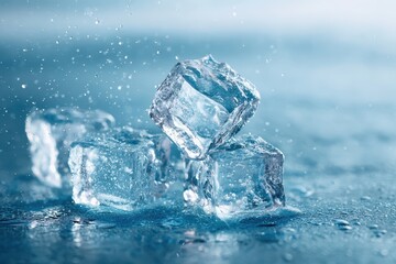 Obraz premium Ice cubes stacked on wet surface; droplets background. Cold drink ads or summer vibes