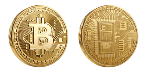 Realistic Shiny Gold Bitcoin Coins with Circuit Patterns on Transparent Background
High-Resolution Digital Illustration of Bitcoin Coins with Intricate Details and Reflections