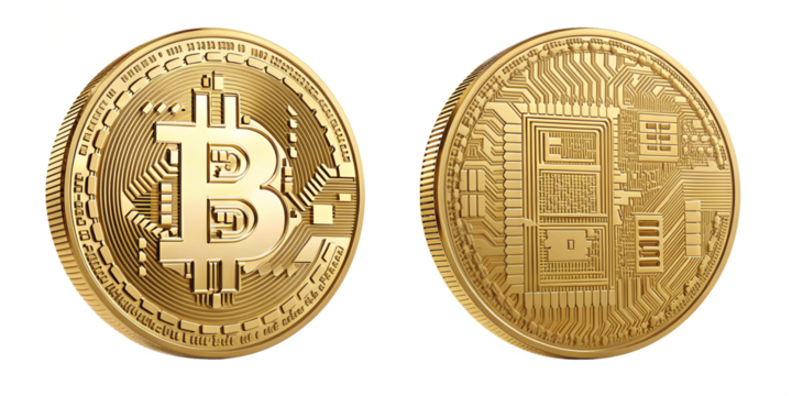 Realistic Shiny Gold Bitcoin Coins with Circuit Patterns on Transparent Background
High-Resolution Digital Illustration of Bitcoin Coins with Intricate Details and Reflections